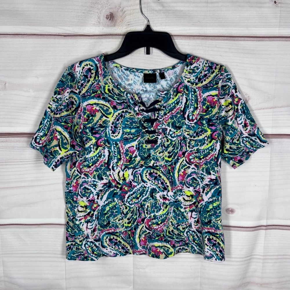 Rafaella Lace Up Top Women PL Multicolor Paisley Short Sleeve Cotton Tee T-Shirt